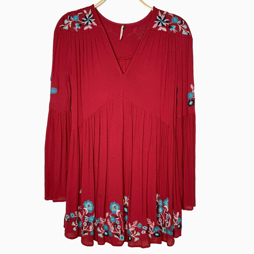 Free People Te Amo Berry Red Embroidered Vneck Fit&Flare‎ Mini Boho Dress XS